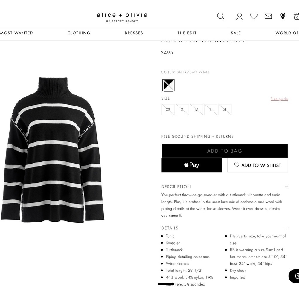 Alice + Olivia Bobbie Black White Striped Wool and Cashmere Blend Tunic Sweater - Picture 4 of 17